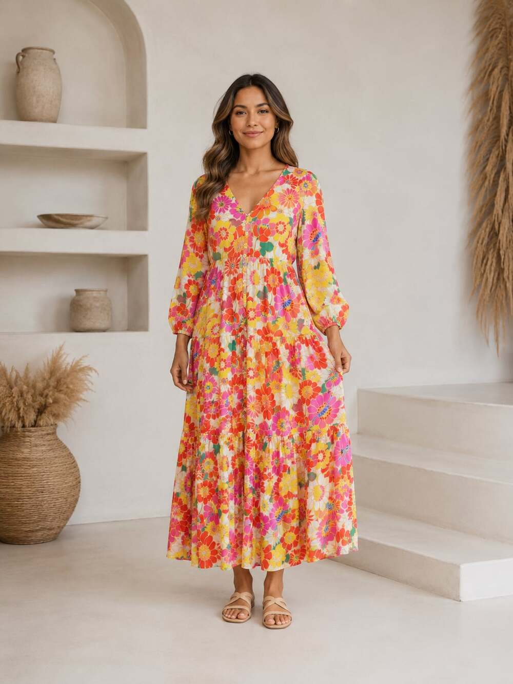Sugar+Lips Floral Print Tiered Maxi Dress Size Small Boho Cottagecore